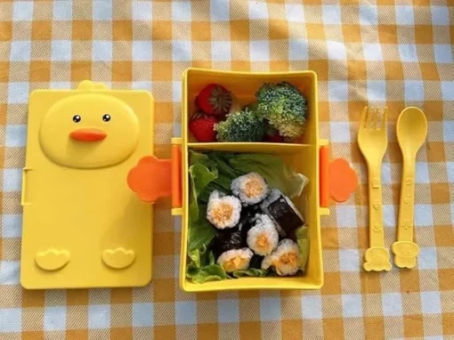 Cherry lunch box for kids with Double-Compartment, Duck Cartoon Lunch Box with Spoon and Fork BPA Free-Yellow - Image 4